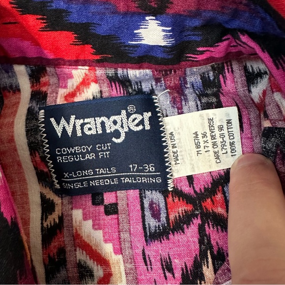Vintage 90s Wrangler Aztec Southwest Long Sleeve Button Down Shirt Mens 17-36 - Picture 4 of 7